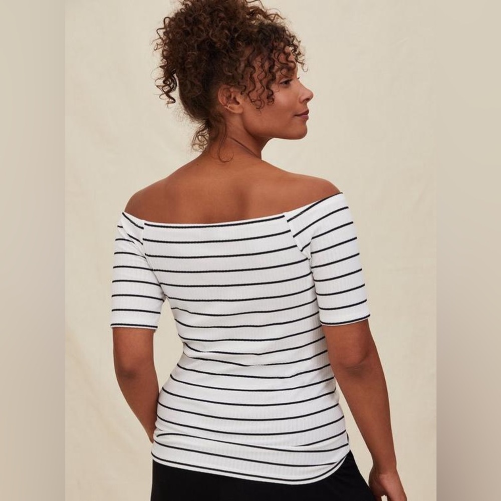 TORRID 1 Plus Size White Black Stripe Ribbed Off-Shoulder Henley Short Sleeve 1X - Picture 3 of 14